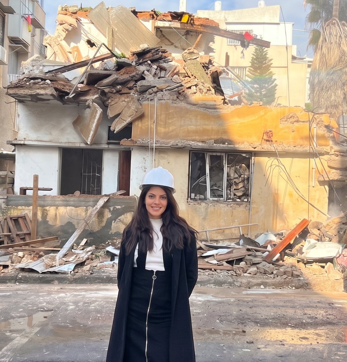 עו״ד סהר בירי עם קסדה באתר הריסה של פרויקט פינוי-בינוי